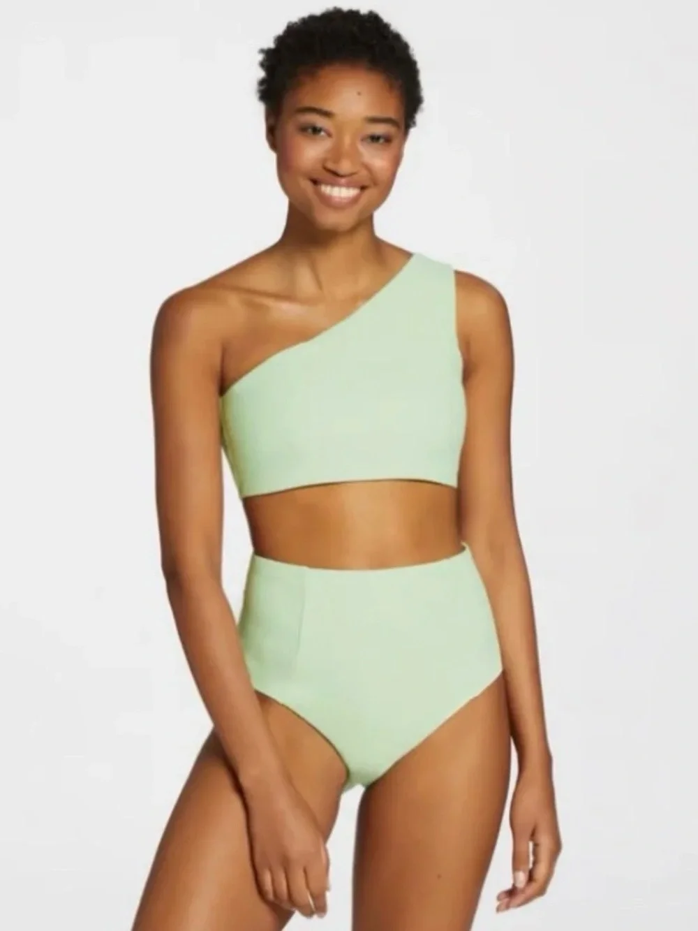 Calia One-Shoulder Ribbed Bandeau Bikini Set in Light Mint